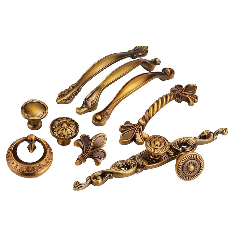 Antique Yellow Bronze Cabinet Handles - Brushed Vintage Drawer Pulls for Kitchen and Wardrobe Doors