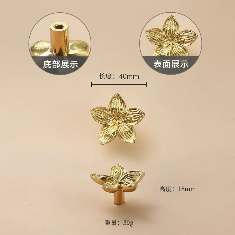 Luxury Brass Flower and Leaf Cabinet Handles – Chinese-Style Decorative Pulls for Wardrobes and Drawers