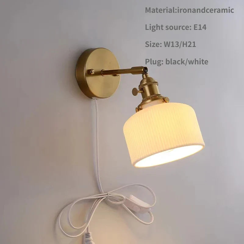 Rotary Brass Ceramic Wall Lamp with Pull Switch - Customizable LED Sconce for Bedroom and Interior Lighting