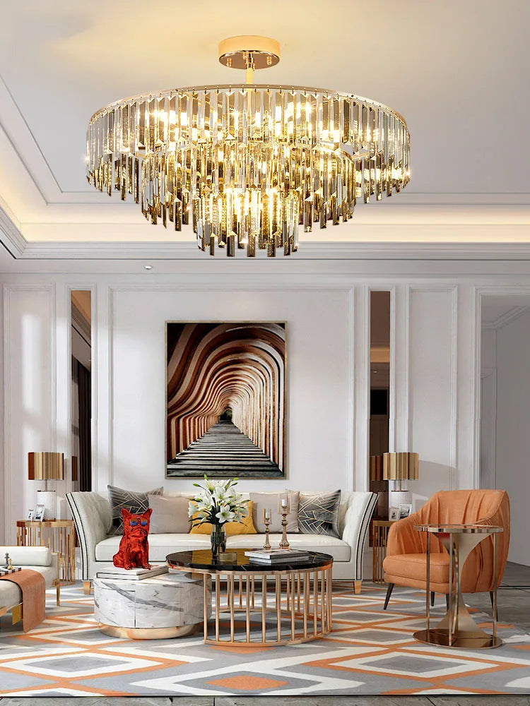 Elegant Modern Crystal Gold Chandelier - Round Smoked Gray Crystal Design - Perfect for Luxury Living Rooms and Bedrooms