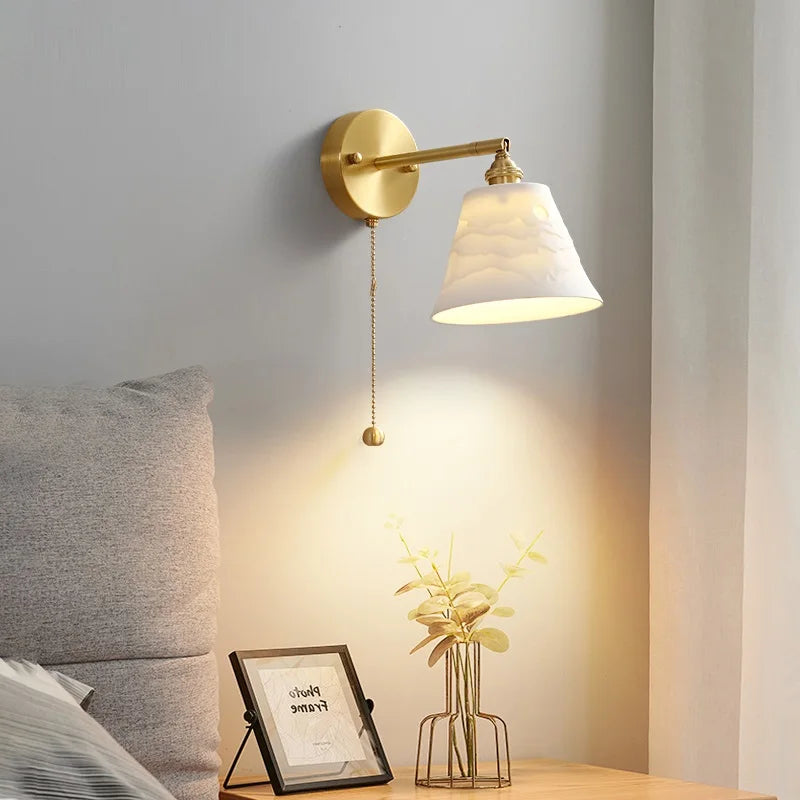 Rotary Brass Ceramic Wall Lamp with Pull Switch - Customizable LED Sconce for Bedroom and Interior Lighting