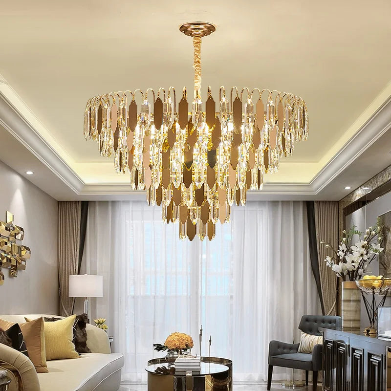 Modern LED Luxury Triangular Multi-Level Crystal Chandelier - Elegant Illumination for Living Rooms, Bedrooms, and Dining Spaces