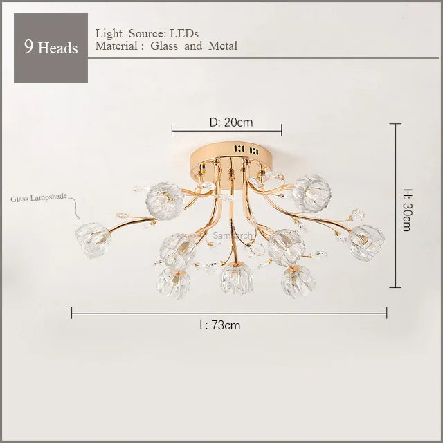 Luxury Dendritic Crystal Ceiling Lamp - Nordic Glass Flower Light Shade LED Chandelier for Bedrooms, Restaurants, Living Rooms, and Bright Decor