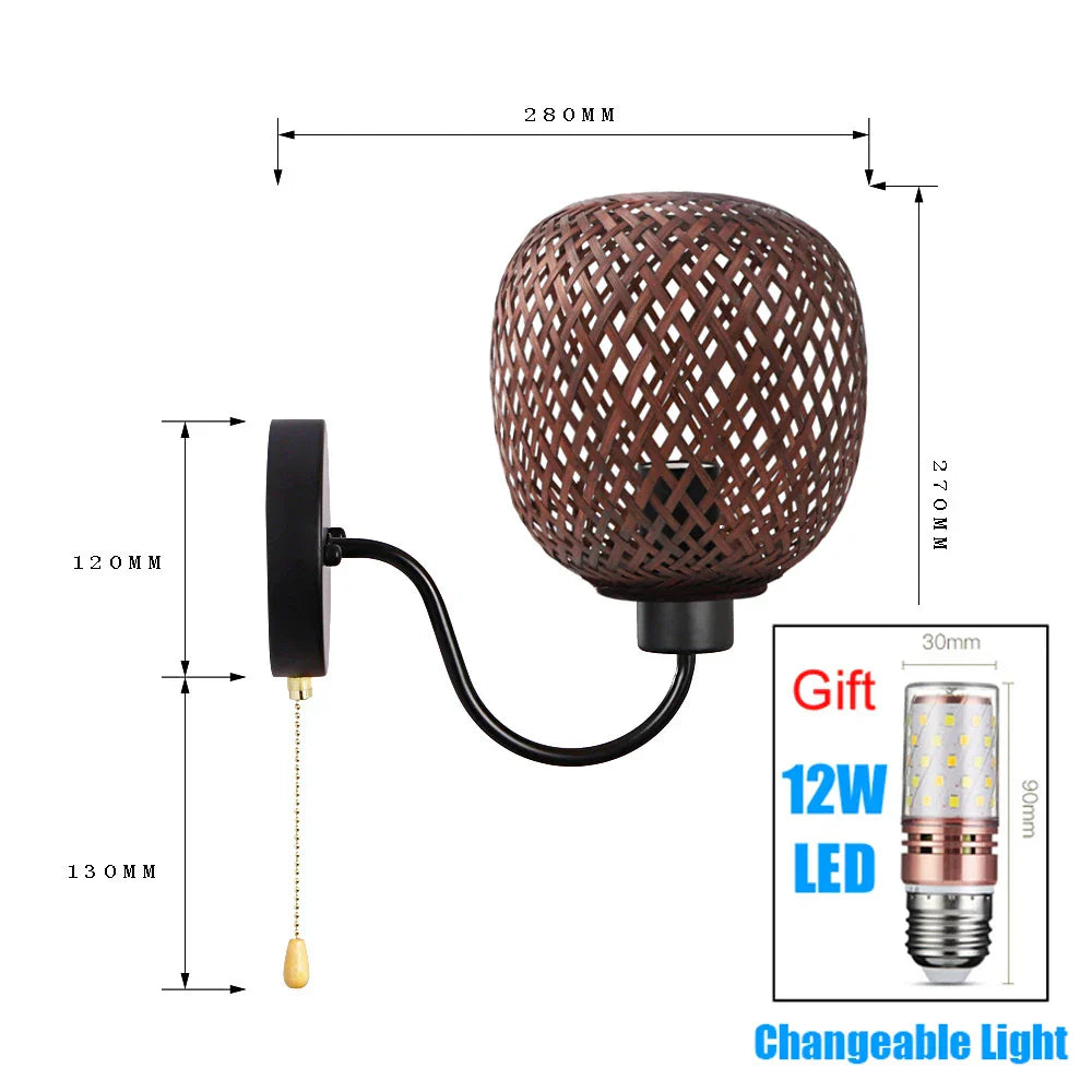 Vintage Rattan Bamboo Wall Sconce - Retro Lighting for Dining, Bedroom, and More