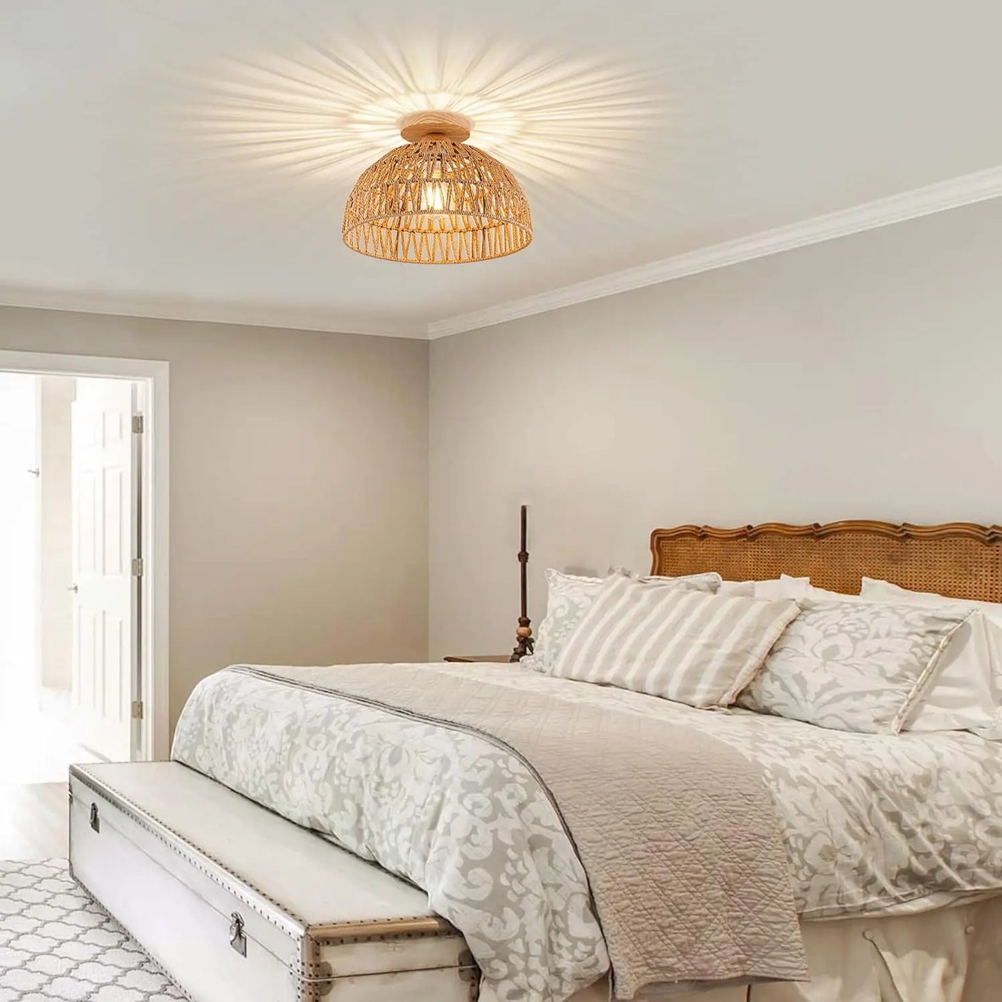Boho Rattan Flush Mount Ceiling Light - Hand-Woven Elegance for Your Space
