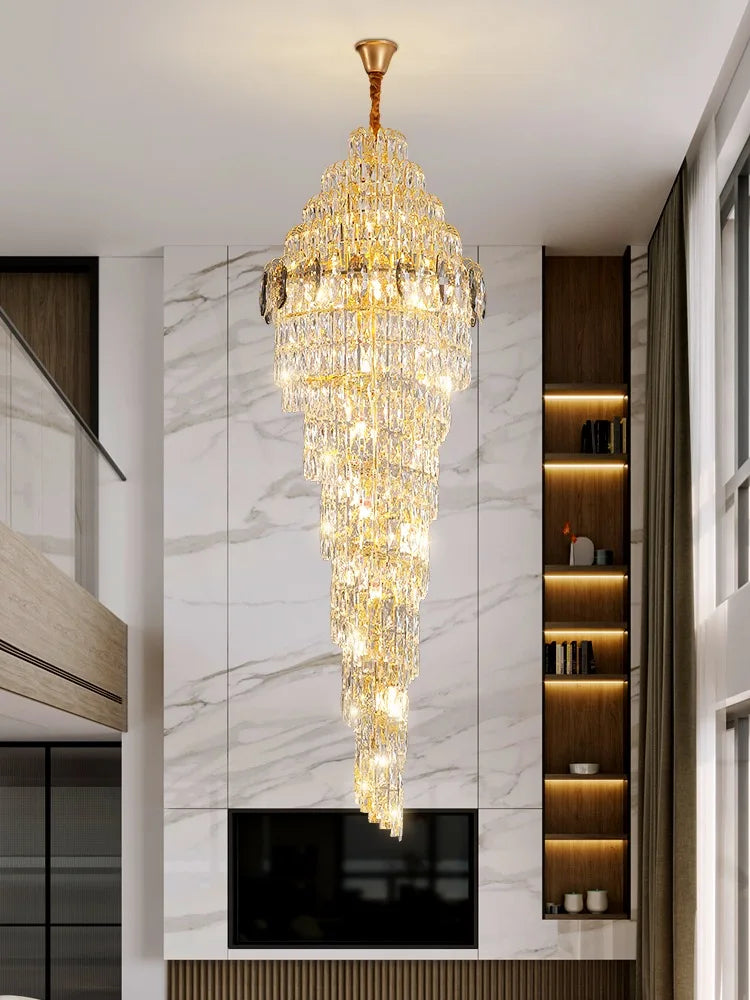 Modern Luxury Staircase Chandelier - Golden Elegance with Crystal Accents for Duplex Buildings, High Ceilings, and Decorative Lighting