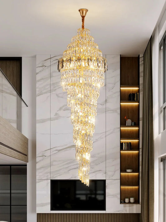 Modern Luxury Staircase Chandelier - Golden Elegance with Crystal Accents for Duplex Buildings, High Ceilings, and Decorative Lighting