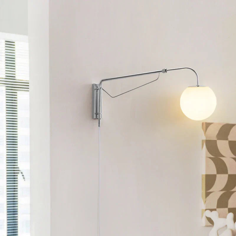 Rocker Arm Wall Lamp - Modern Bedroom and Living Room Reading Light with Milky White Glass Bubble Lampshade