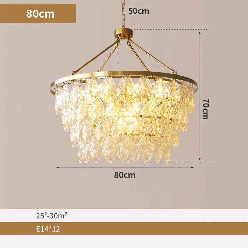 Elegant Round Water Drop Golden Chandelier - A Postmodern Light Luxury Fixture for Living Rooms, Bedrooms, and Dining Spaces