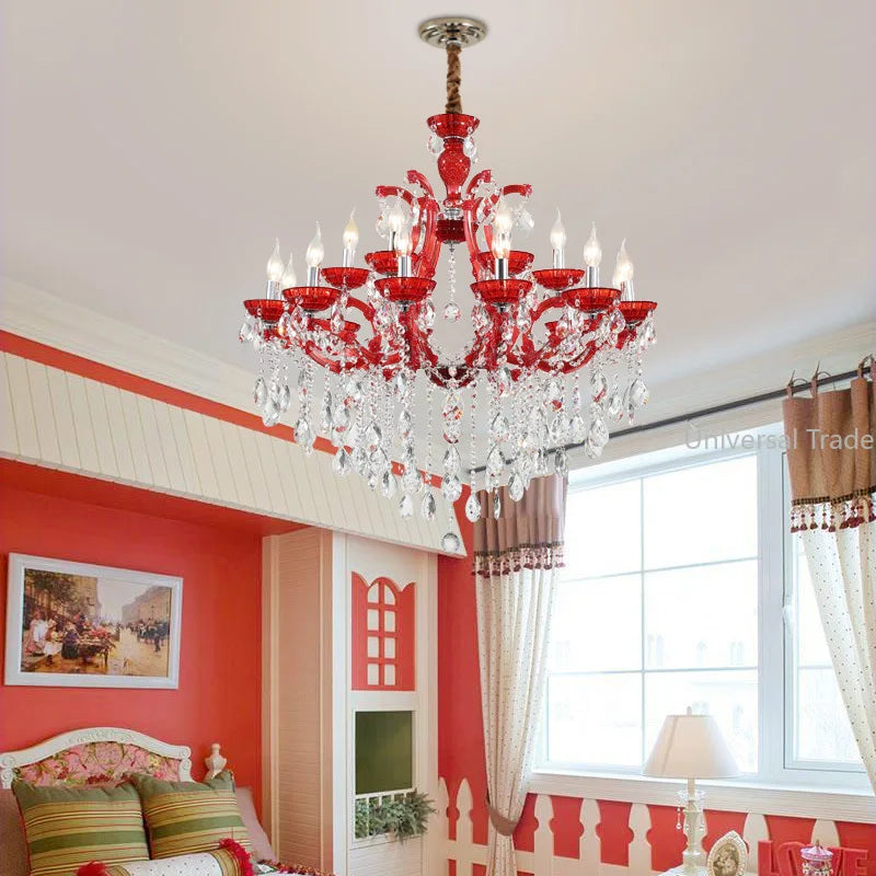 European Princess Crystal Chandelier - Choose from Warm Pink, Blue, Purple, or Red for Creative Room Decor