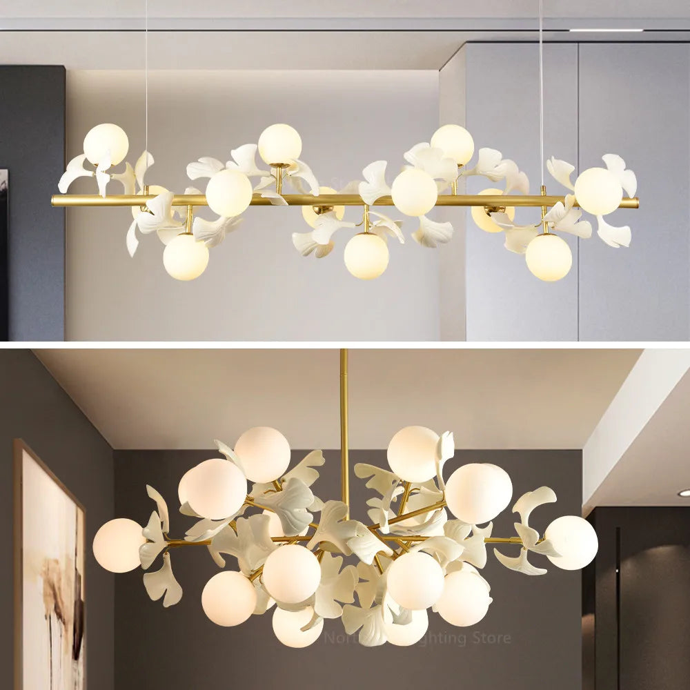 Nordic LED Chandelier - Ginkgo Leaf Design with Acrylic White Leaves for Living Rooms and Bedrooms, Round Glass Ball Light Fixture