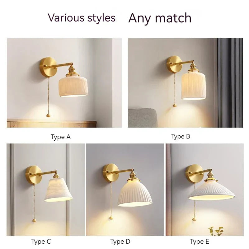 Rotary Brass Ceramic Wall Lamp with Pull Switch - Customizable LED Sconce for Bedroom and Interior Lighting