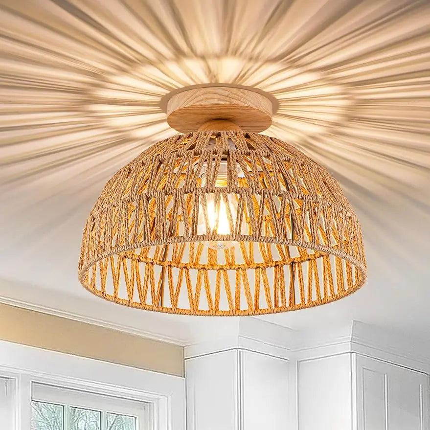 Boho Rattan Flush Mount Ceiling Light - Hand-Woven Elegance for Your Space