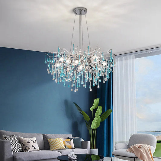 Modern LED Blue Water Droplets Ceiling Chandelier - Luxury Elegance for Villas and Living Spaces