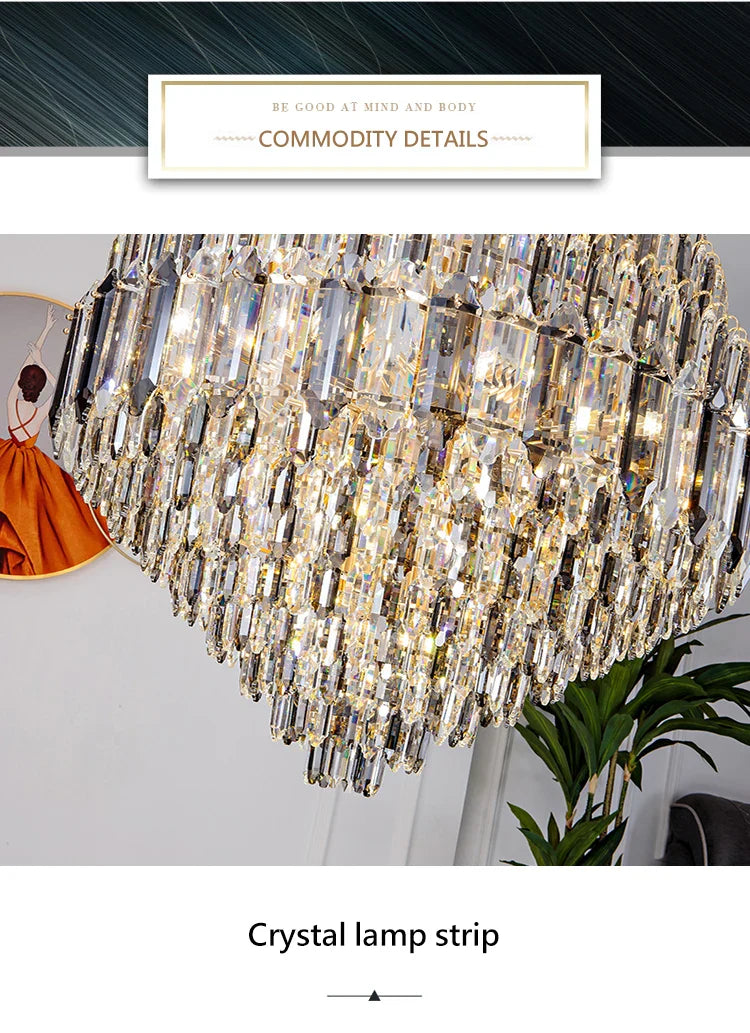 Luxurious Golden Amber Crystal Chandelier - Grand Decorative Lighting for Lobbies, Villas, Staircases, and Corridors