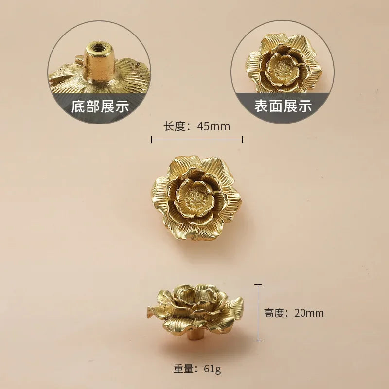 Luxury Brass Flower and Leaf Cabinet Handles – Chinese-Style Decorative Pulls for Wardrobes and Drawers