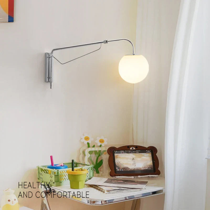 Rocker Arm Wall Lamp - Modern Bedroom and Living Room Reading Light with Milky White Glass Bubble Lampshade