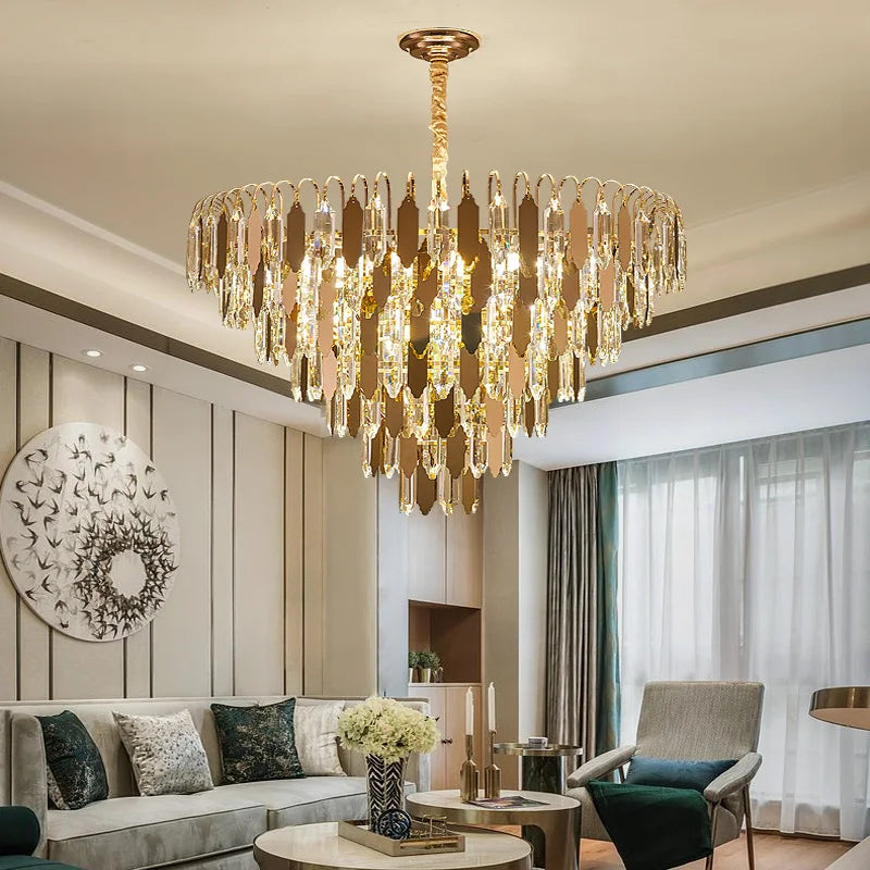 Modern LED Luxury Triangular Multi-Level Crystal Chandelier - Elegant Illumination for Living Rooms, Bedrooms, and Dining Spaces
