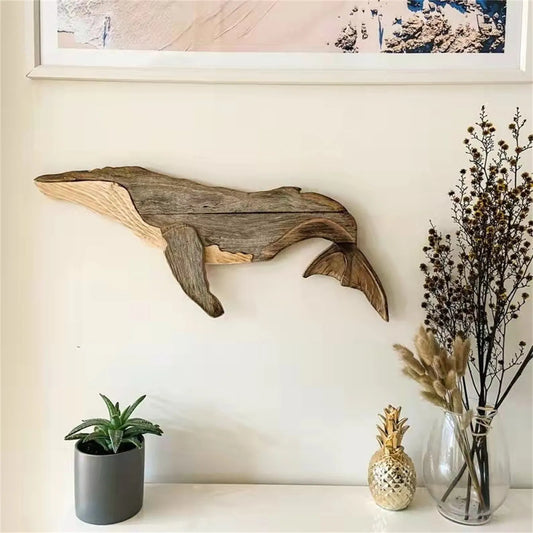 Wooden Sea Fish Decor Statue Whale Figurine Sculpture Ornament Wall Hanging Rustic Decor Home Living Room Bedroom Sculpture