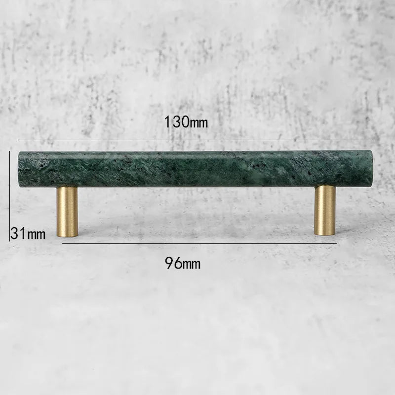 Green and White Marble Cabinet Handle – Luxury Natural Stone Drawer Pulls with Brass Base (50mm-200mm)