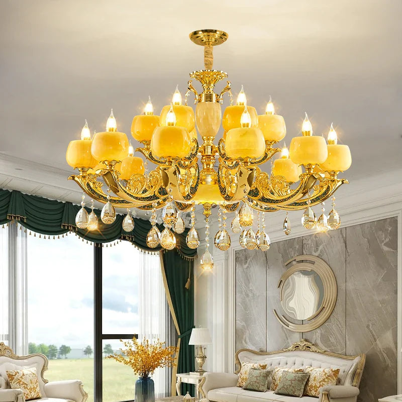 European Style Jade Crystal Chandelier - Luxury Lighting with Natural Marble Accents for Dining Rooms, Bedrooms, and Living Spaces
