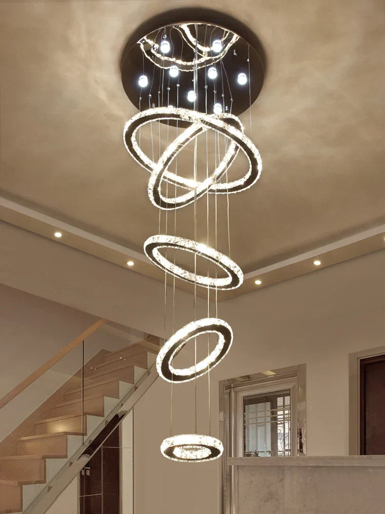Modern Luxury Crystal Staircase Chandelier - Rings Design for Loft, Villa, and Lobby Indoor Lighting