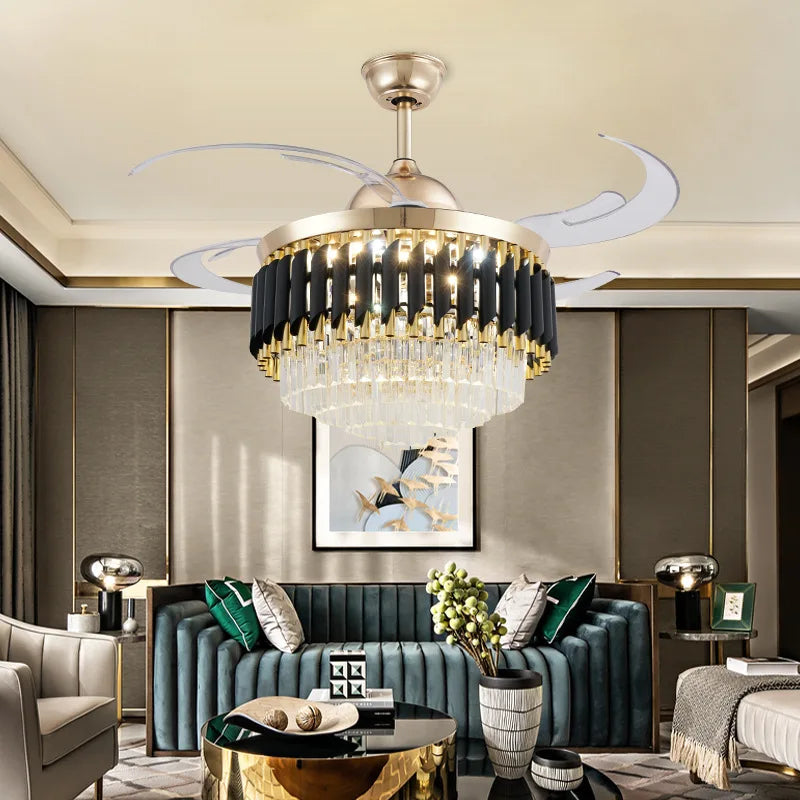 Luxury Crystal Ceiling Fan Chandelier with 110/120cm Blades for Living Room Restaurant Decor Nordic LED Suspension Light