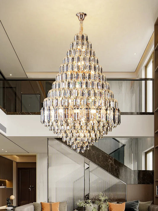 Luxurious Golden Amber Crystal Chandelier - Grand Decorative Lighting for Lobbies, Villas, Staircases, and Corridors