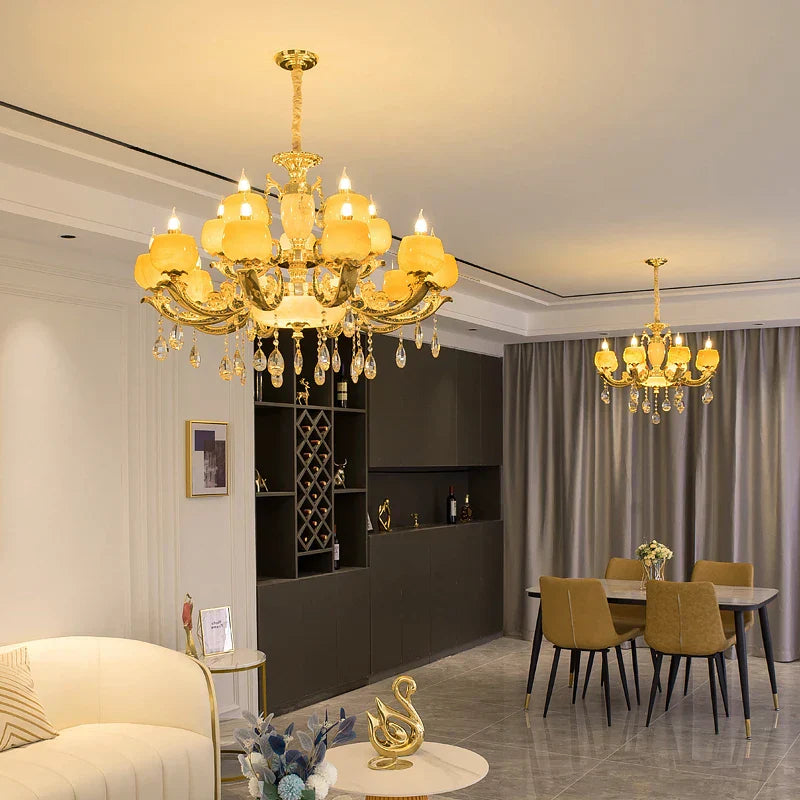 European Style Jade Crystal Chandelier - Luxury Lighting with Natural Marble Accents for Dining Rooms, Bedrooms, and Living Spaces