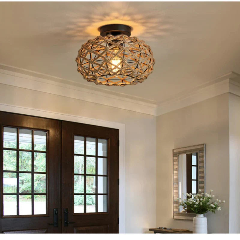 Boho Hemp Rope Cage Semi Flush Mount Ceiling Light - Rustic Elegance for Bedrooms and Beyond