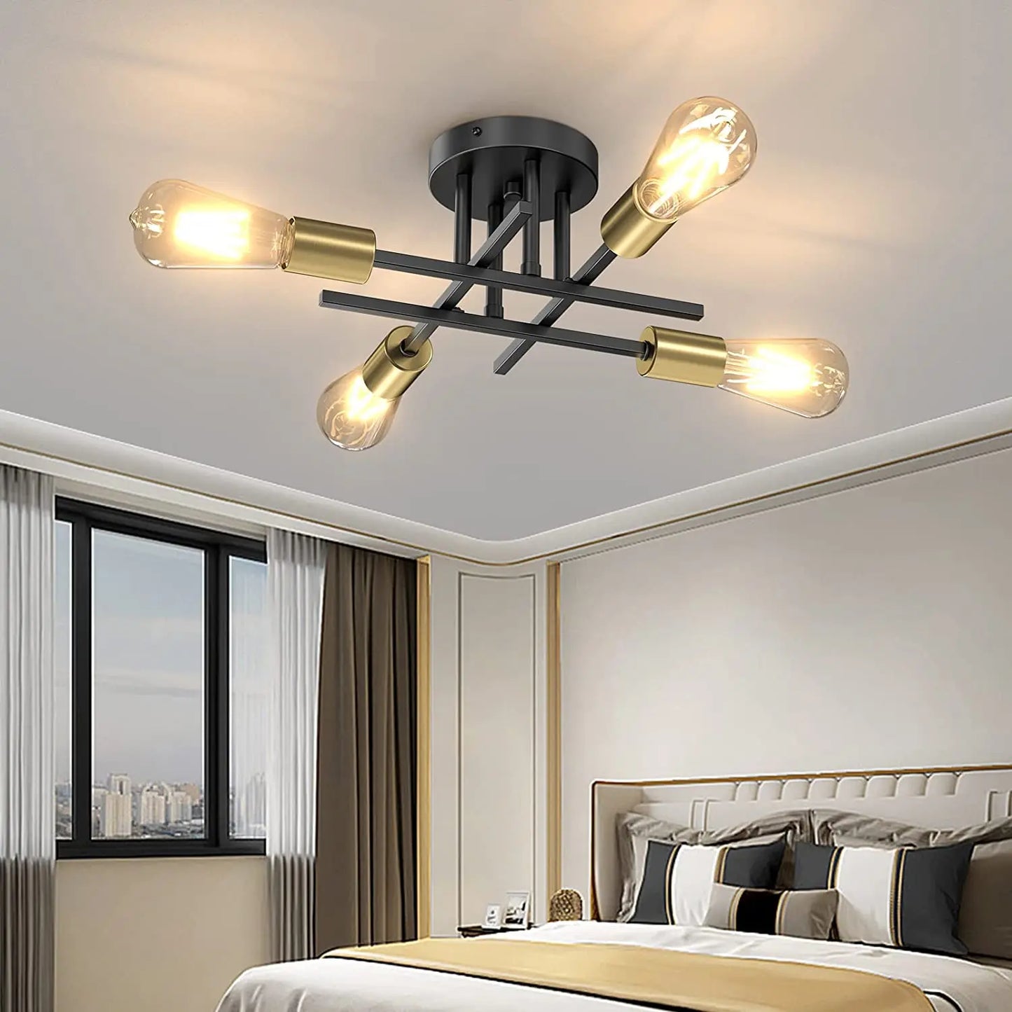 Sputnik Semi Flush Mount Chandelier - Contemporary Mid-Century Black Ceiling Light Fixture