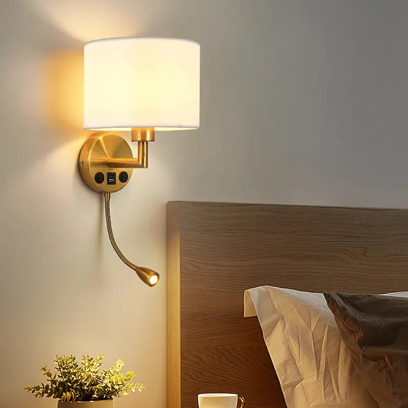Bedside Wall Lamp with Rotating Spotlight - Modern Fabric Lampshade Reading Wall Sconce for Bedroom Home Decoration with LED E27