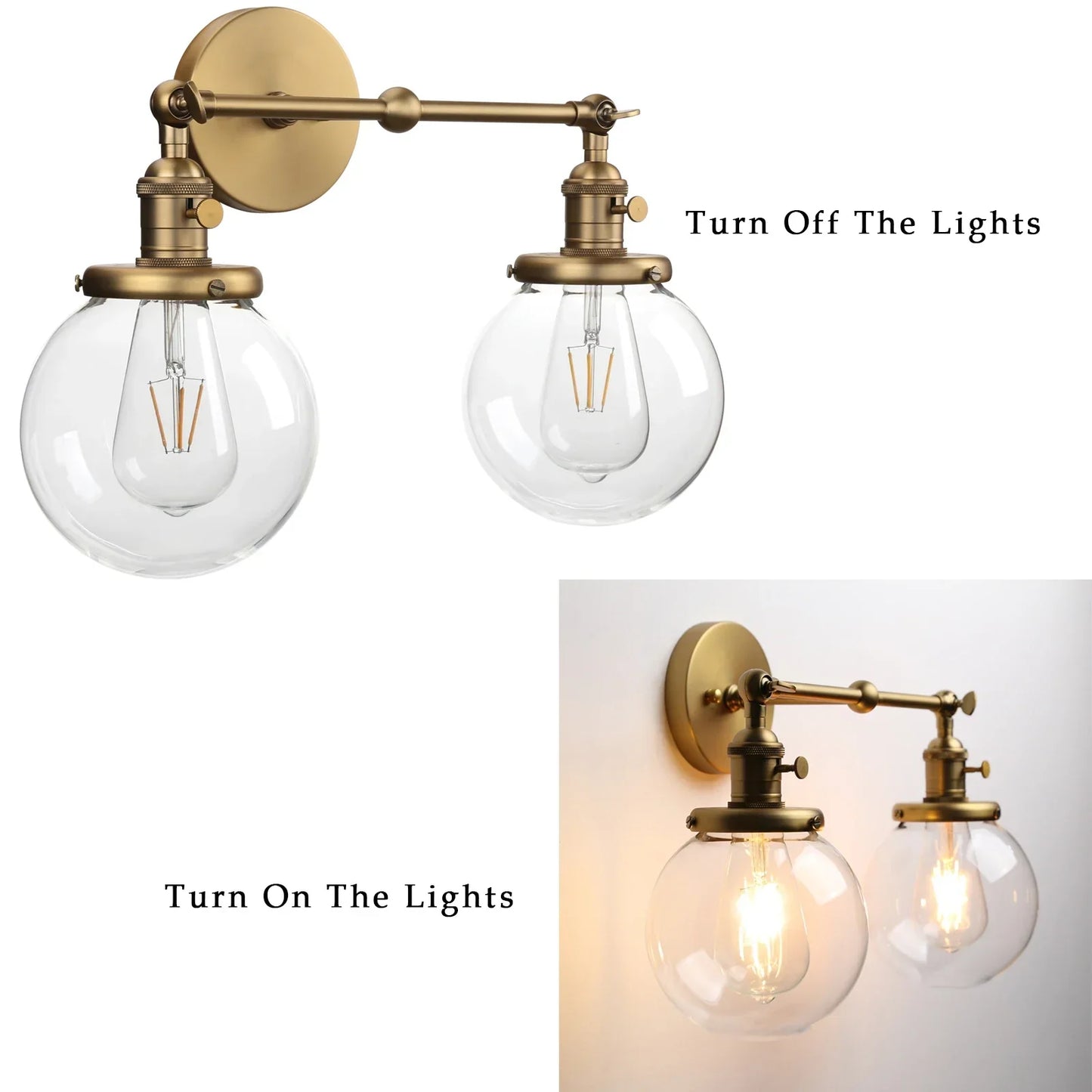 Phansthy Vintage 2 Light Wall Sconce - Industrial Wall Light with Dual 5.9 Inches Globe Glass Lampshades