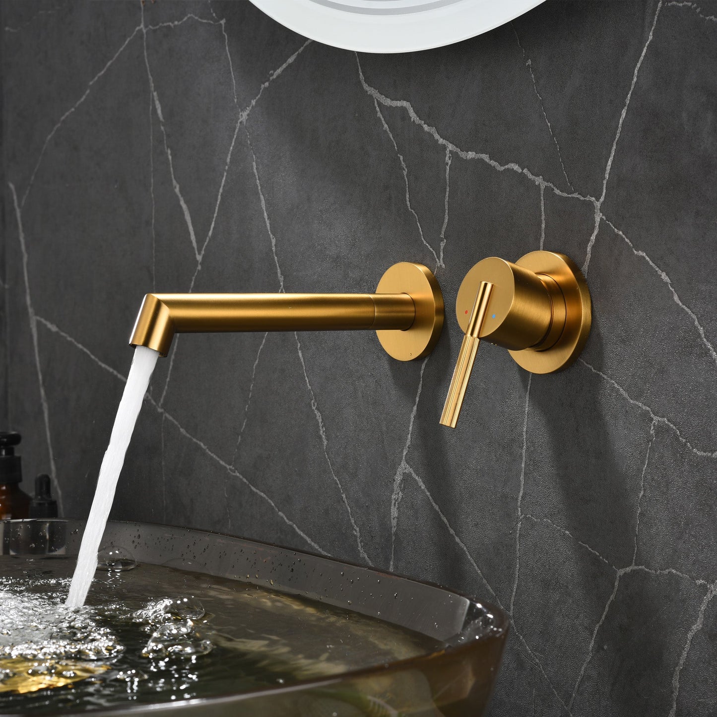 Brushed Gold Wall Mount Waterfall Bathroom Sink Faucet with  Brass Pop-Up Drain