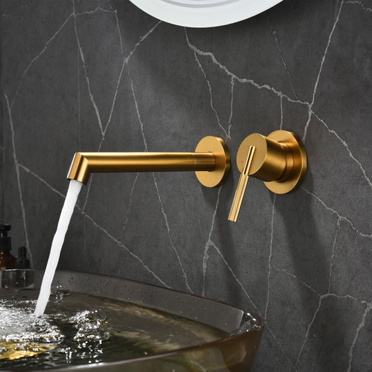 Brushed Gold Wall Mount Waterfall Bathroom Sink Faucet with  Brass Pop-Up Drain