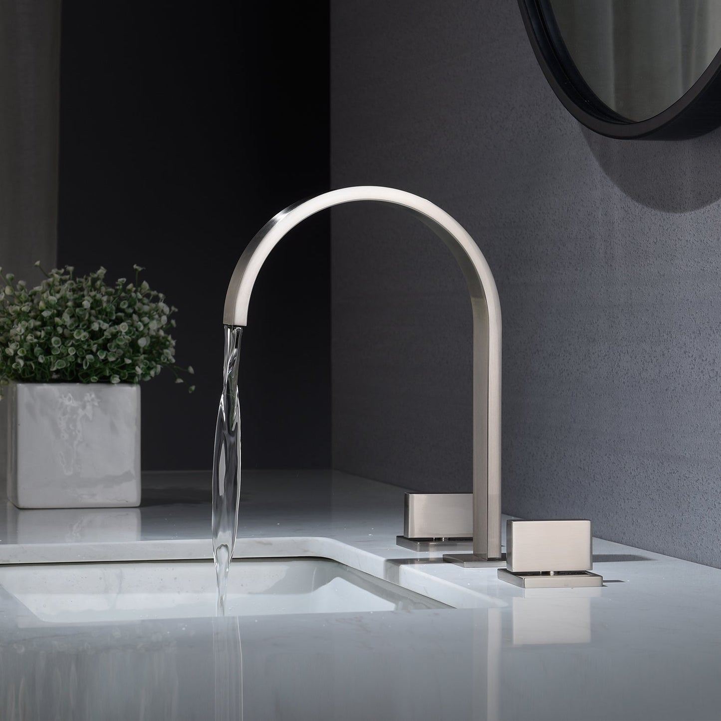 Brushed Nickel Waterfall Widespread Bathroom Basin Faucet with Two Handles and Overflow Brass Pop-Up Drain