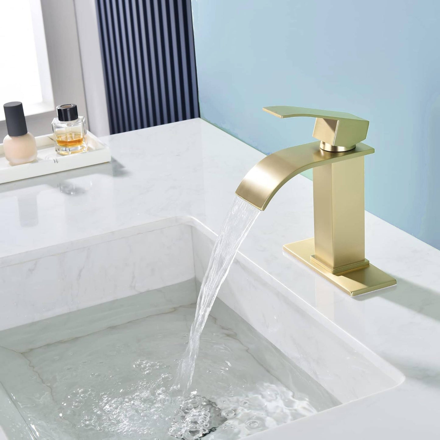 Brushed nickel or matte black or brushed gold waterfall Bathroom Faucet brass with plate and brass pop up drain