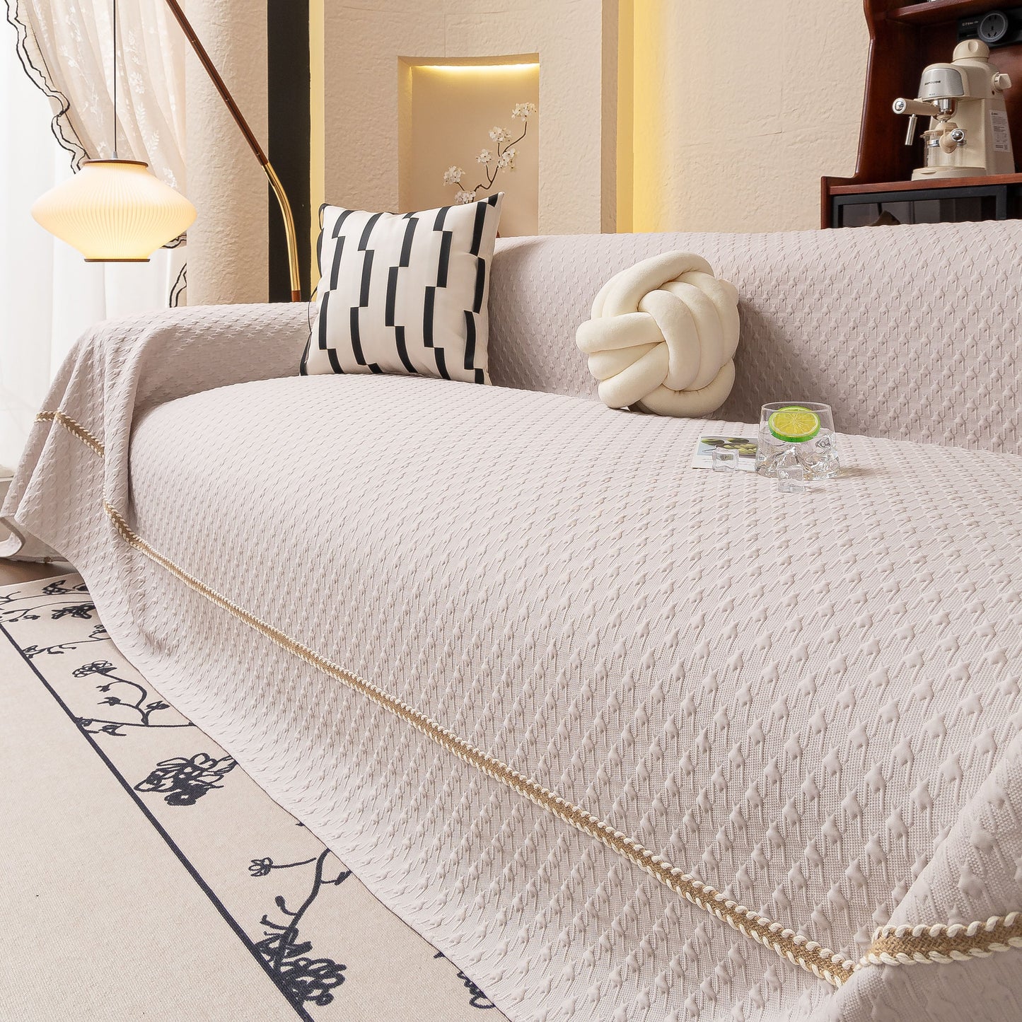 Jacquard Ice Silk Sofa Throw Cover with Gold Trim, Summer Cooling Couch Slipcover