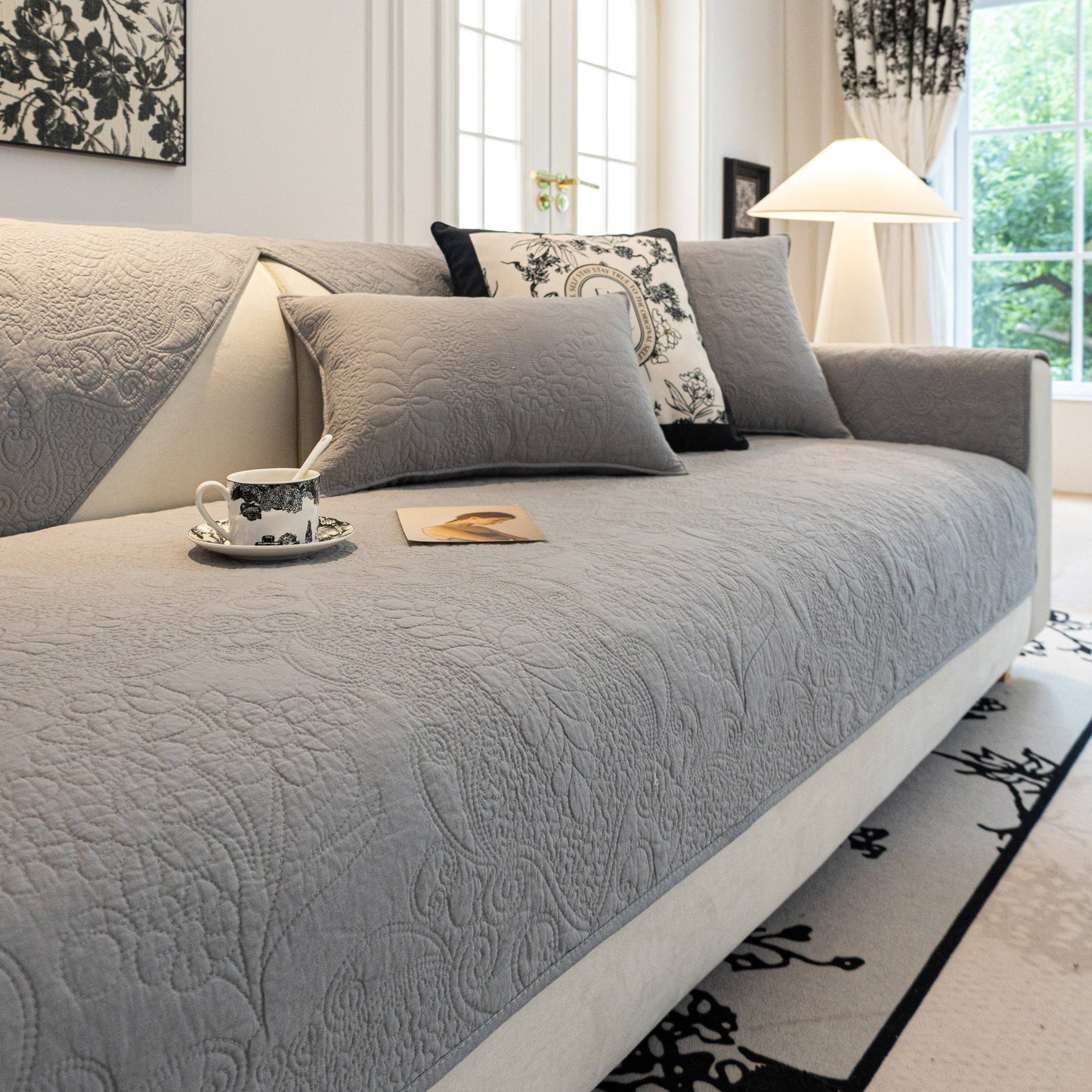 Baroque Floral Quilted Cotton Sofa Cover, Non-Slip Washable Couch Protector