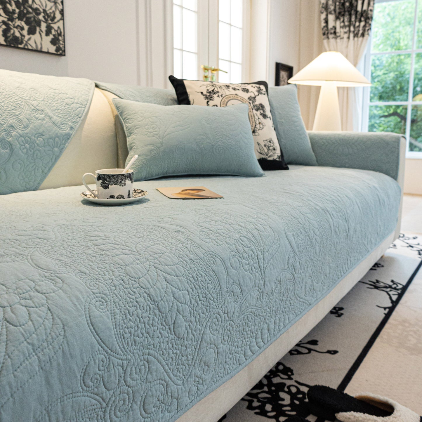 Baroque Floral Quilted Cotton Sofa Cover, Non-Slip Washable Couch Protector
