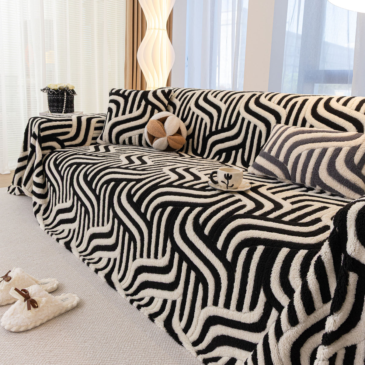 Plush Sherpa Sofa Throw Cover for Sectional, Jacquard Wave Throw Furniture Protector