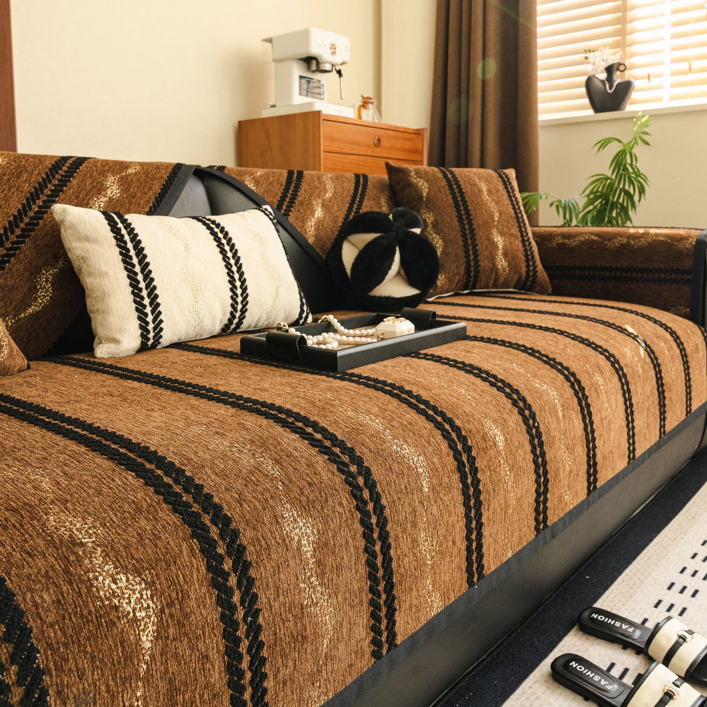 Non-Slip Sofa Cover with Thick Chenille Texture Woven Stripe Couch Protector Throw