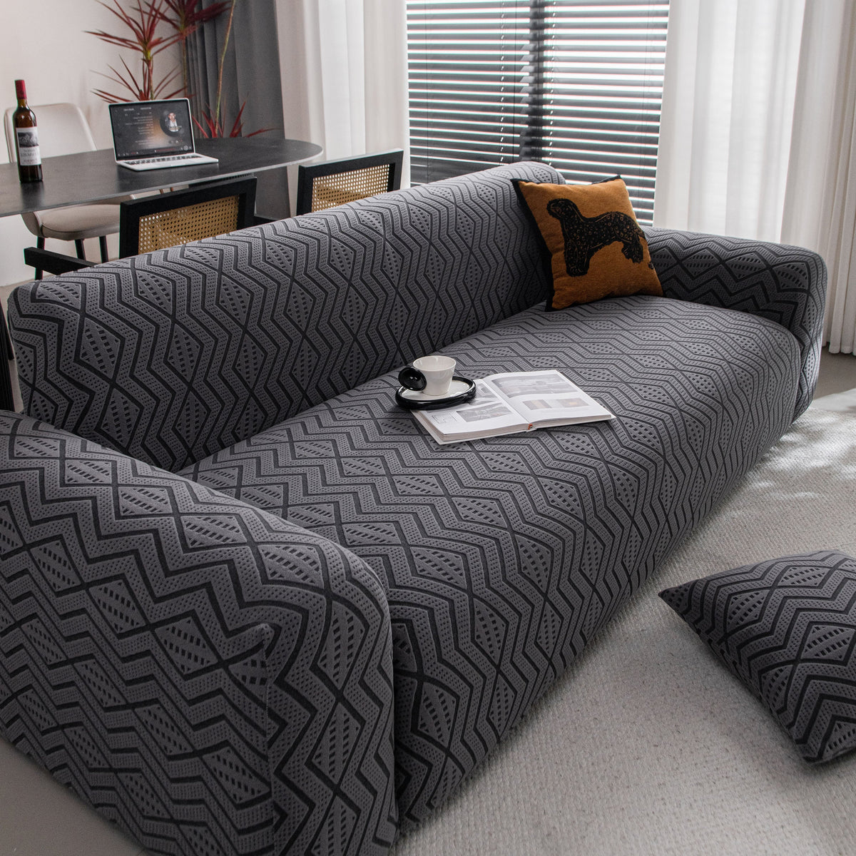 Modern Geometric Jacquard Sofa Slipcover, High Stretch 1-Piece Textured Couch Cover