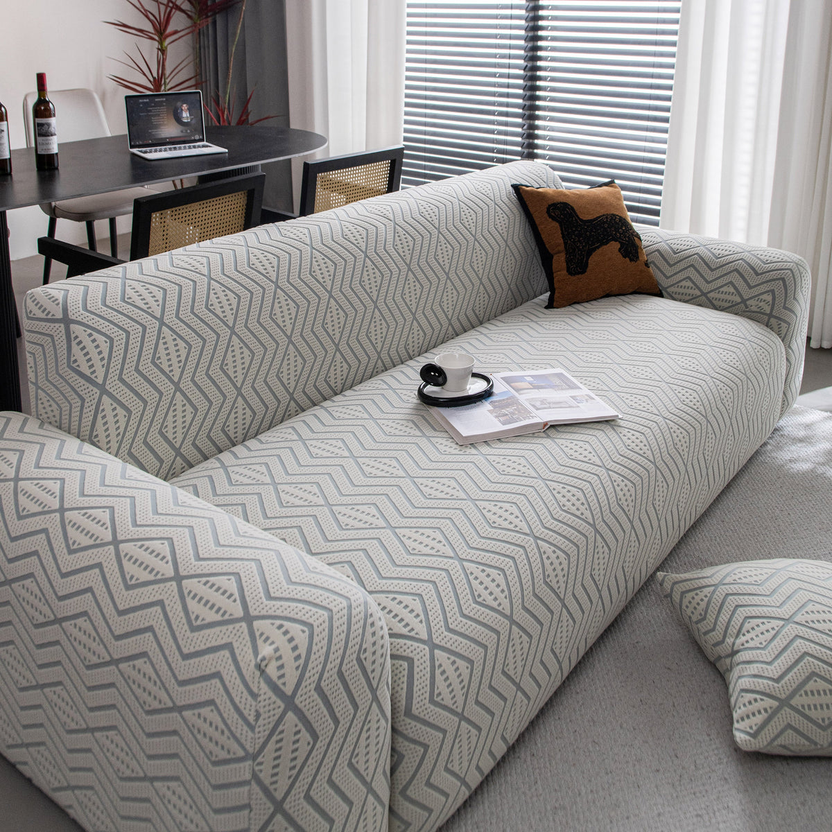 Modern Geometric Jacquard Sofa Slipcover, High Stretch 1-Piece Textured Couch Cover
