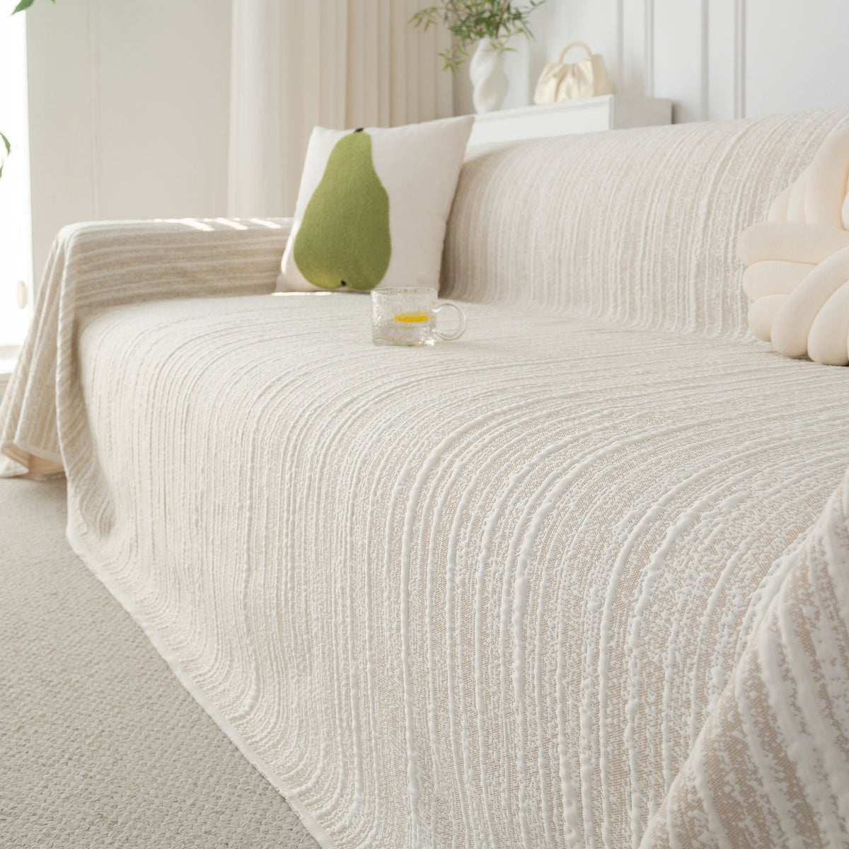 Summer Cooling Ice Silk Sofa Cover, Textured Stripe Soft Breathable Couch Throw Cover