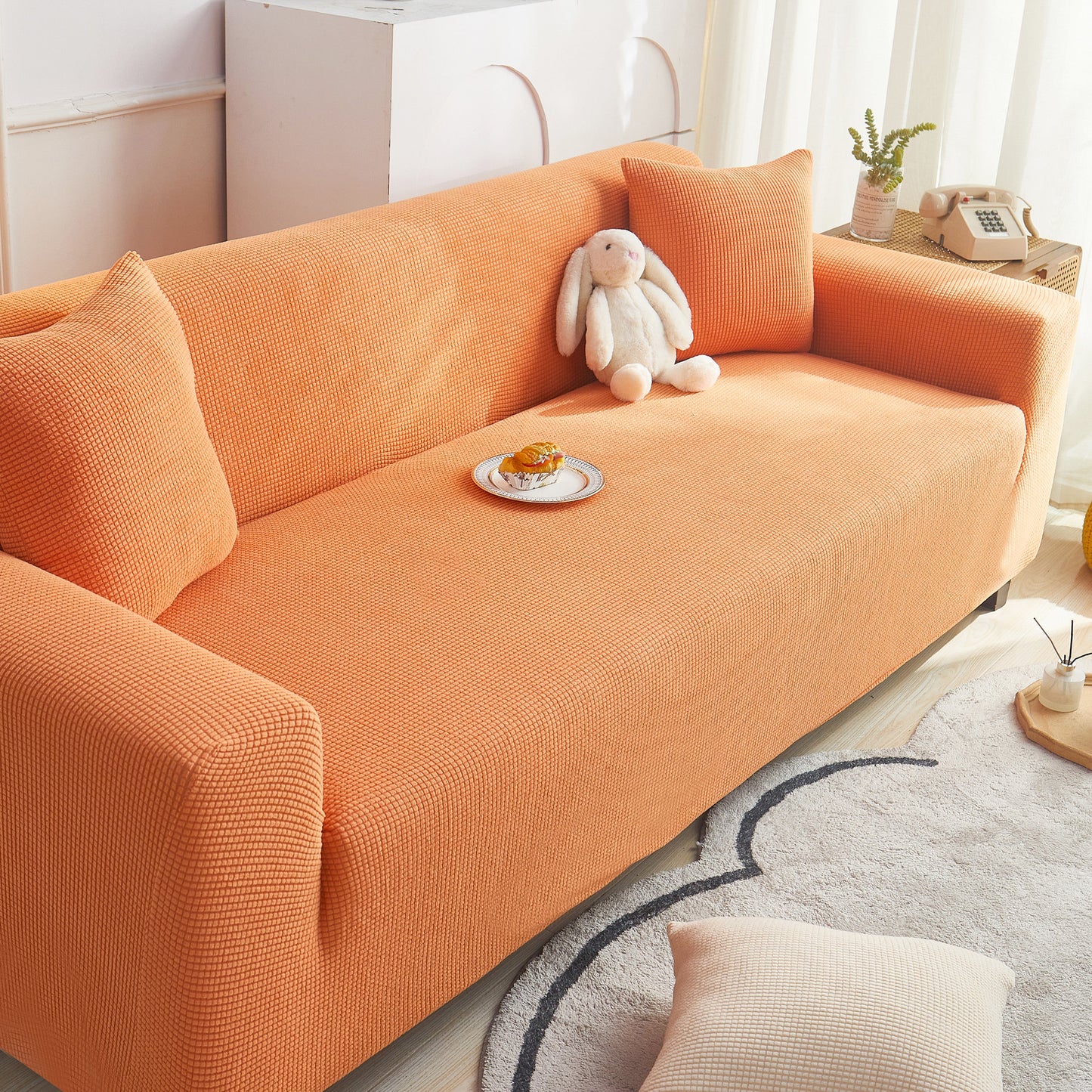 Grid Textured Stretch Sofa Cover, Soft Elastic Slipcover for Couch Protection
