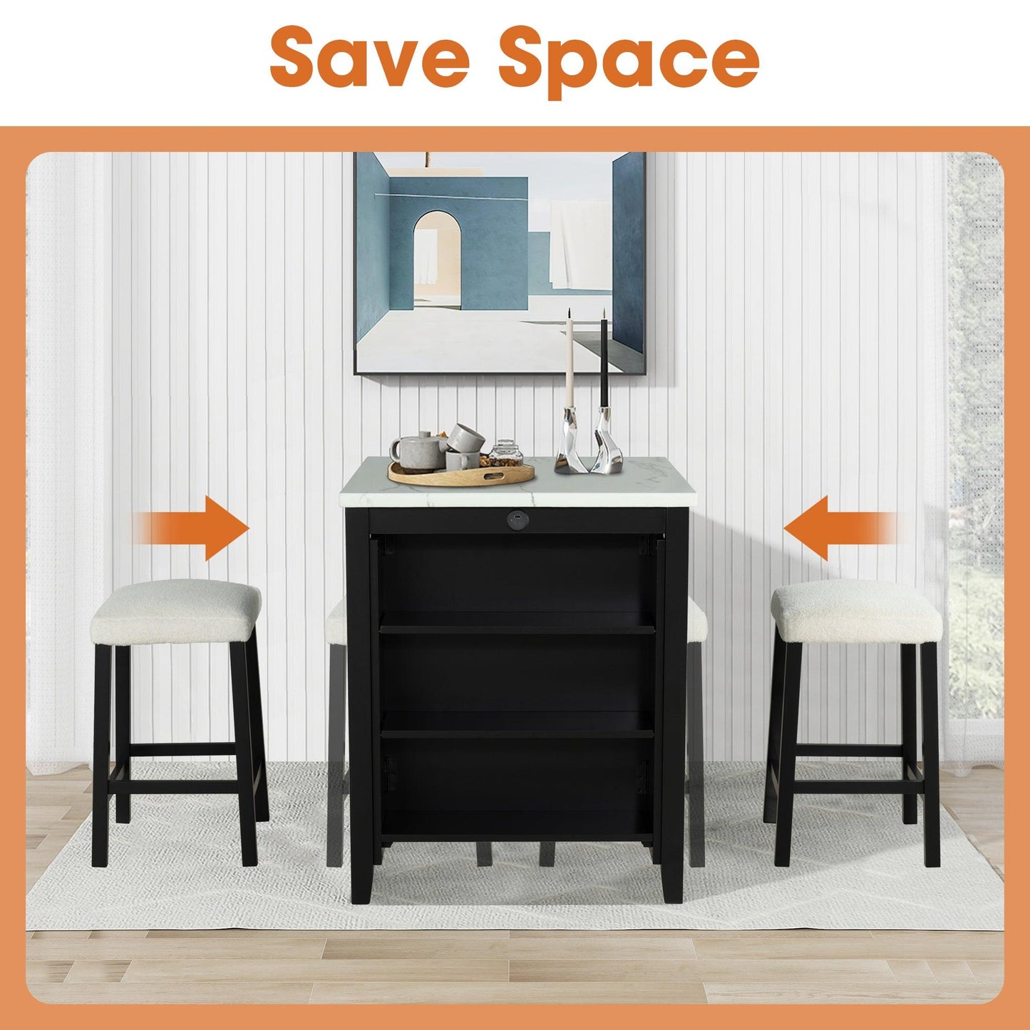 36" Modern Dining Table Set with 2 Stool, High Gloss Table Top, USB-A & USB-C Charging Ports