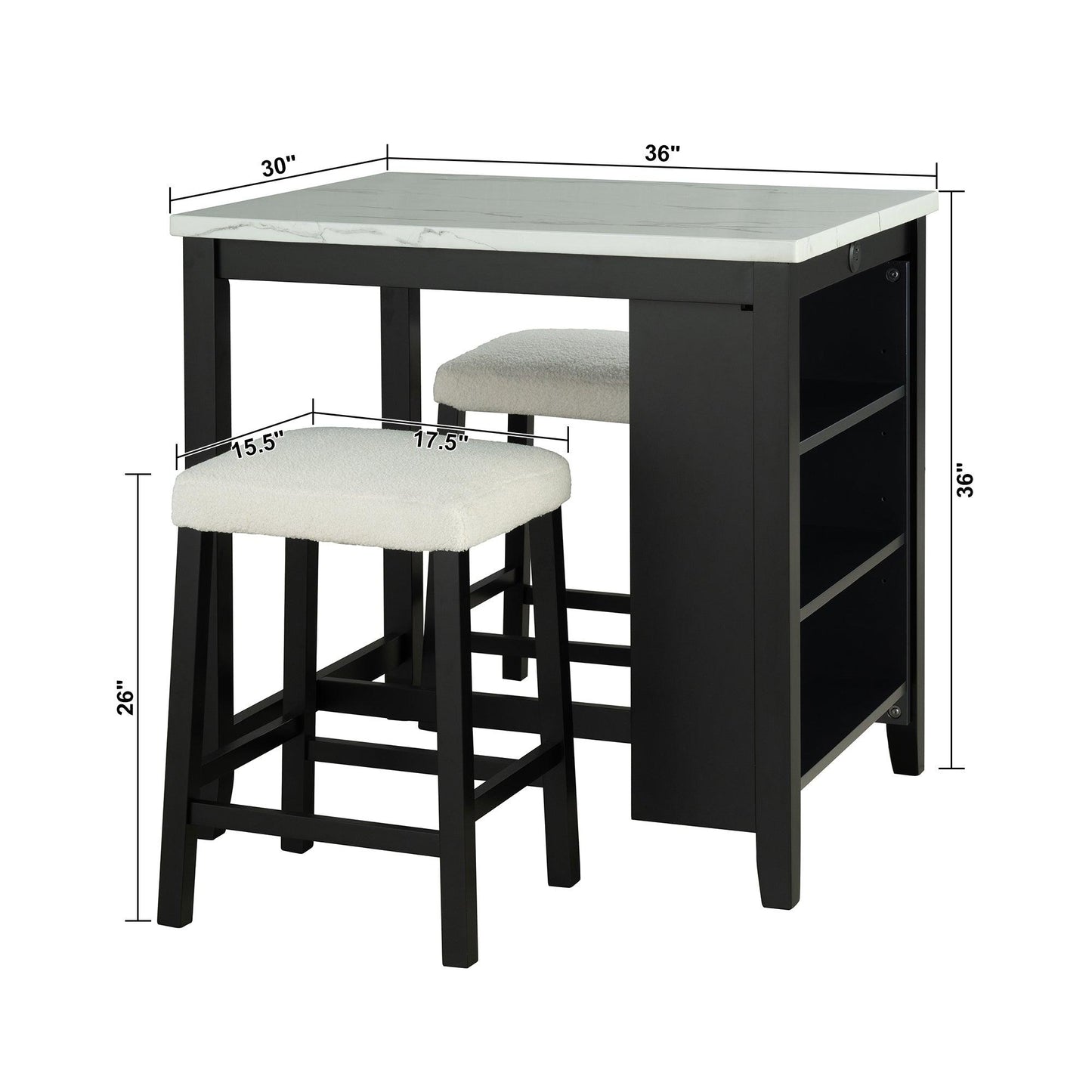 36" Modern Dining Table Set with 2 Stool, High Gloss Table Top, USB-A & USB-C Charging Ports