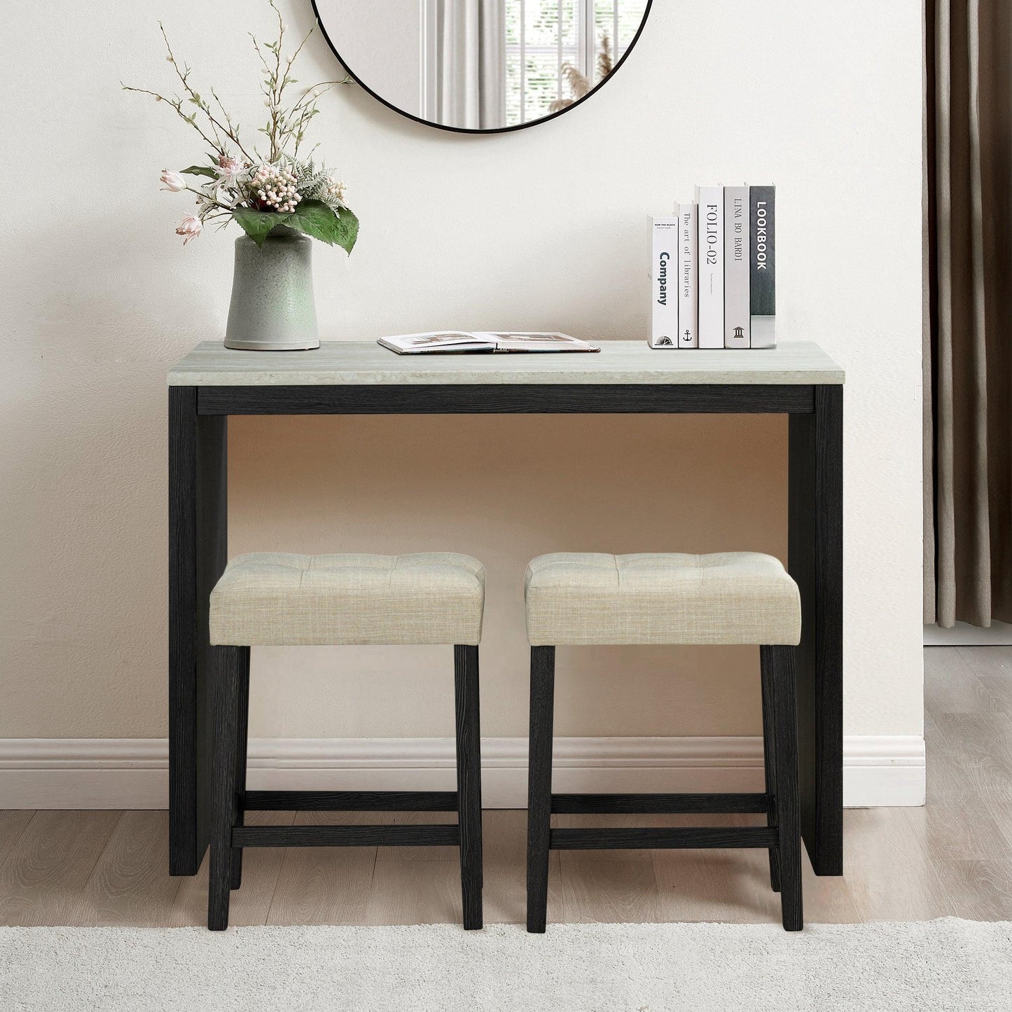 48" Modern Breakfast 1 Dining Table Set with 2 Stools for Apartment, Travertine Table Top