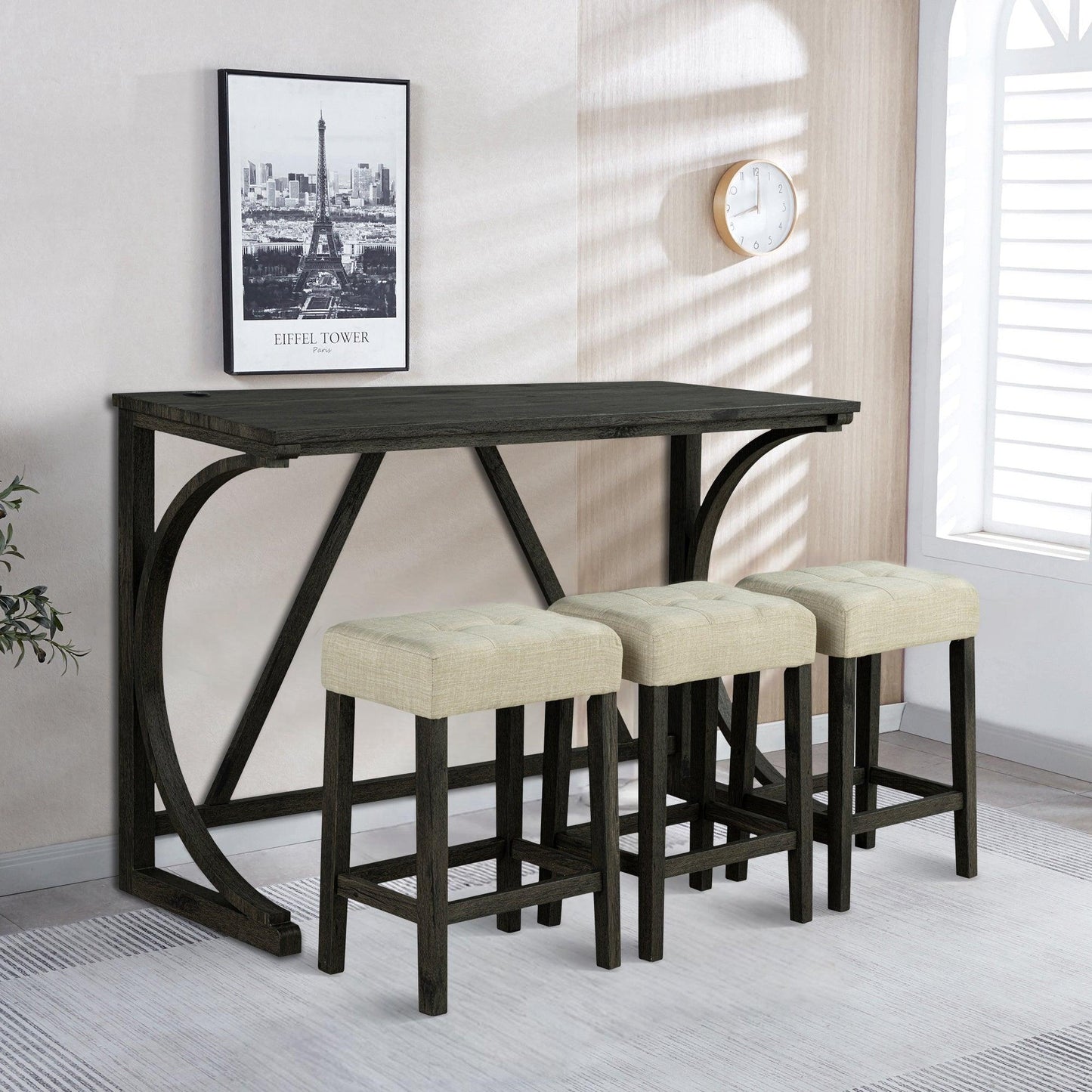 59" Rustic Dining&Bar Table Set with 3 Stools for Apartment, USB-A & USB-C Charging Ports